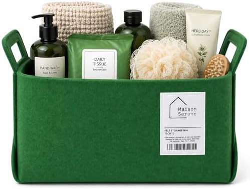 Green Felt Storage Basket with Handles, Foldable Fabric Bin Organizer | Collapsible Decorative Basket for Shelves, Closets, Toys & Nursery – Versatile Fabric Bin for Home, Bedroom and Playroom
