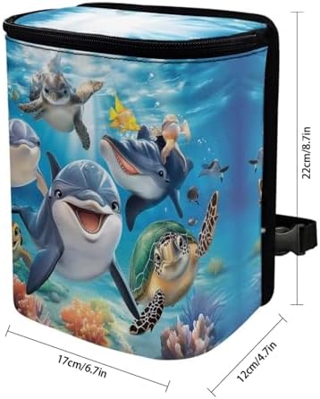 DISNIMO Ocean Turtle Dolphin Car Trash Can with Lid, Leak Proof Trash Bin Garbage Bag Collapsible Automatic Portable Trash Can, Easy to Clean, Used in Car Home Office
