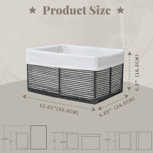 GYASVWU Hand-Woven Paper Rope Storage Baskets,Rectangular Wicker Baskets for Organizing,Decorative Woven Basket for Storage,Shelf Basket for Living Room,Storage Baskets for Pantry (Black - Large)