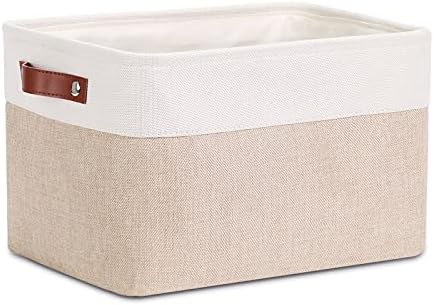 DULLEMELO Fabric Storage Basket for Shelves/Closets, Collapsible Rectangle Basket for Organizing Clothes, Towels, Books, Laundry, Nursery, Dog Basket Empty (White&Khaki)