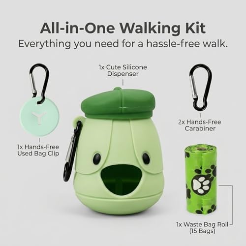 Dog Poop Bag Holder with Hands-Free Used Bag Clip & 1 Roll Bags | Cute silicone design with leash attachment and hands-free clip, making dog walking cleaner and more convenient outdoors