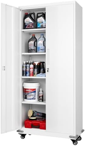 VEVOR Metal Storage Cabinet, 72.6 in Rolling Steel Garage Cabinet with 4 Adjustable Shelves, 2 Magnetic Doors & 2 Keys, 5 Tiers Lockable Tool Storage for Pantry, Warehouse, Basement, Office, White