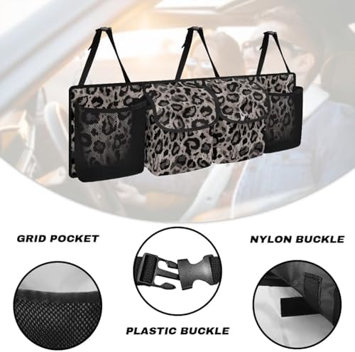 Dreaweet Grey Leopard Print Trunk Organizer for Car Back Seat Trunk Organizer Hanging Car Organizer Trunk Foldable Cargo Storage with 4 Pockets 3 Adjustable Straps