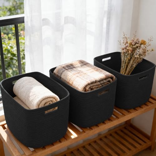 3 Pack Woven Baskets,Storage Baskets for Shelves with Handles | 13.5"×11"×9.5",Closet Baskets,Gift Basket,Nursery Organizer for Toys Towels Books,Storage Bin for Living Room Bedroom-Black