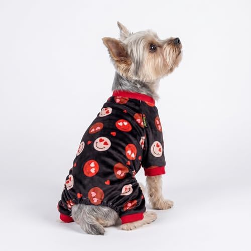 Fitwarm Hearts Eyes Smily Face Dog Pajamas, Cozy Valentines Outfit for Small Dogs Boy Girl, Festive Pet Clothes, Black, Red, XL