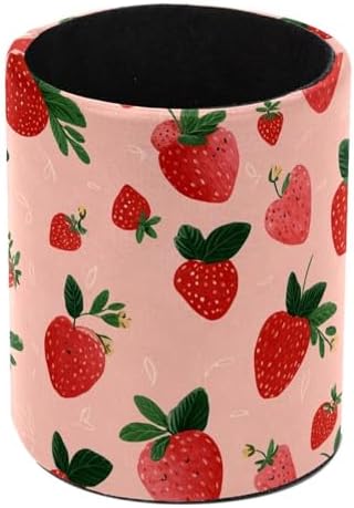 Faux Leather Pen Holder for Desk, Pencil Organizer Strawberry Pen Cup Desk Decor Makeup Brush Holder Storage for Office Home