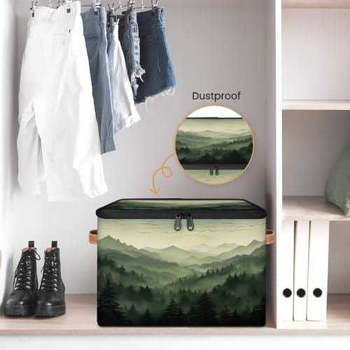 Green Misty Forest Collapsible Fabric Storage Bin with Lids | Storage Basket, Foldable, Waterproof, Handle, Large, Closet Organizer, Home, Nature Woodland