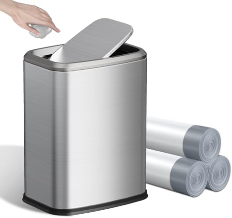 8L/2.1 Gal Small Bathroom Trash Can with Lid, Swing-Top Rectangular Waste Bin, Stainless Steel Garbage Can for Home, Office, Toilet, Bedroom, Living Room (Silver)
