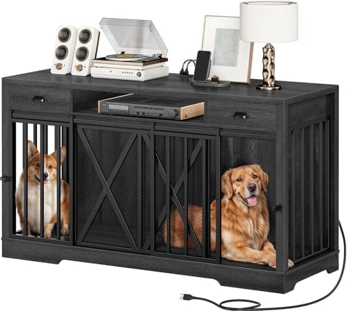 DWVO 63 Inch Double Dog Crate Furniture for 2 Dogs with Charging Station
