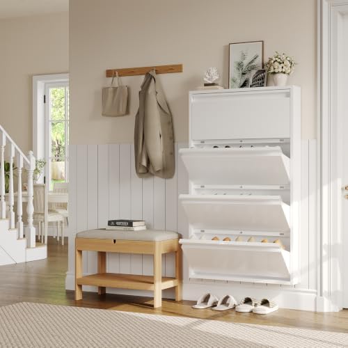 Garvee Slim Metal Shoe Cabinet with 4 Flip Drawers for Entryway, White | Narrow Shoe Storage, Wall Mounted or Floor Standing, Detachable Bottom Corners for Flexible Placement, Anti-Tip Wall Mount
