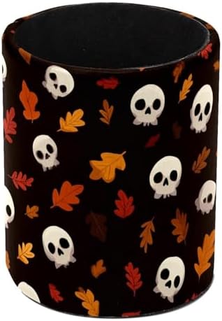 Faux Leather Pen Holder for Desk, Pencil Organizer Skull Pen Cup Desk Decor Makeup Brush Holder Storage for Office Home