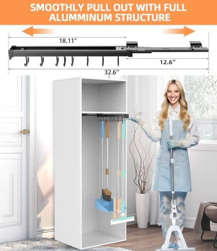 Pull Out Broom Holder With Adjustable Double Row Sliding Hook-Grey 18IN | Multifunctional Slide Broom And Mop Storage/Organizer Garage Organization Hooks, for Closet Laundry Garage Kitchen