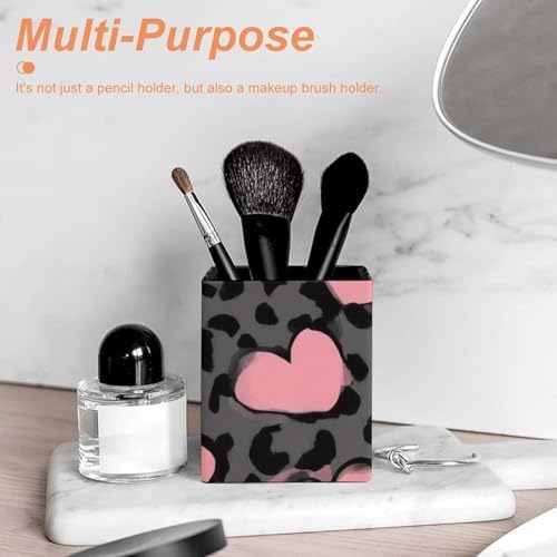 Fashion Leather Pen Holder Desktop Stationery Organizer Makeup Brush Cup Love Heart Dark Gray Black Leopard Cheetah Print