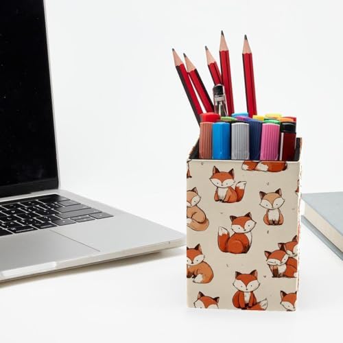 Cute Fox Pen Holder for Desk Decor, Rectangular PVC Leather Pencil Cup for Desk Pen Organizer, Makeup Brush Holder for School, Home, Office