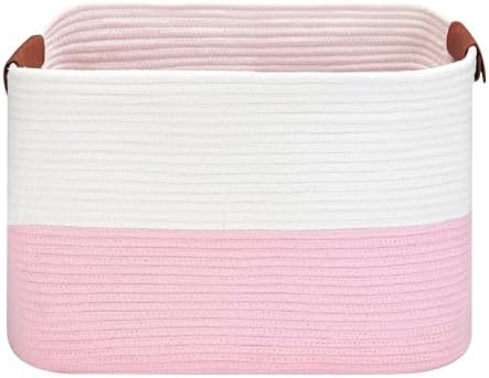 Large Cotton Rope Storage Basket with Leather Handles, Laundry Hamper Basket, 20 "L x 14" W x 12 "H, Durable & Stylish Organizer for Home.(Large Pink)