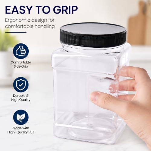 Lawei 6 Pack Clear Plastic Square Jars - 32 Oz Containers with Easy Grip Handles for Dry Goods, Cookies, Candy and More