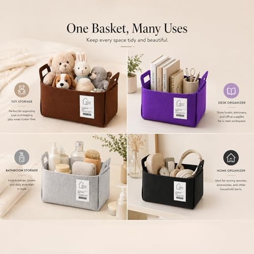Grey Felt Storage Basket with Handles, Foldable Fabric Bin Organizer | Collapsible Decorative Basket for Shelves, Closets, Toys & Nursery – Versatile Fabric Bin for Home, Bedroom and Playroom