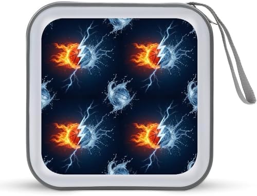 40-Capacity DVD CD Storage Wallet Ice Water Fire Flame Basketball, Heavy-Duty Hard Shell Binder, Portable Organizer with Strap for Car Travel