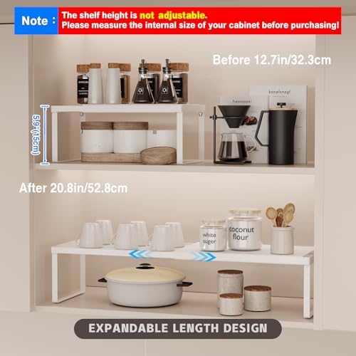 Magheo Expandable Cabinet Shelf Organizer, 2 Pack Stackable Kitchen Counter Shelf Riser, Metal Spice Rack Heavy Duty Countertop Organizer Storage for Kitchen, Pantry, Cupboard, Rv (5.9in Height,White)