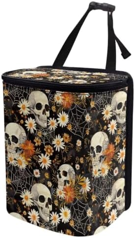 Daisy Skeleton Skull Print Car Trash Can with Lid Proof Organizer and Storage Bag Car Garbage Can with Adjustable Straps for Cars Truck,SUV