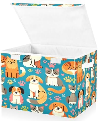 Dogs and Cats Storage Basket with Lid Collapsible Storage Bin Fabric Box Closet Organizer for Home Bedroom Office 1 Pack