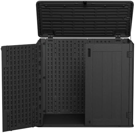 Horizontal Resin Storage Cabinet for Garage, 31 Cuft Waterproof Thickened Outdoor Resin Storage Shed with Floor & Lockable Double Doors for Patio, Garden and Trash Can, Black