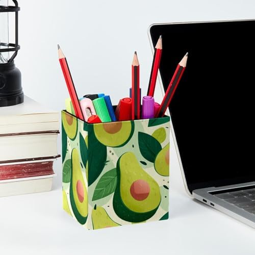 Cute Green Fruit Pen Holder for Desk Decor, Rectangular PVC Leather Pencil Cup for Desk Pen Organizer, Makeup Brush Holder for School, Home, Office