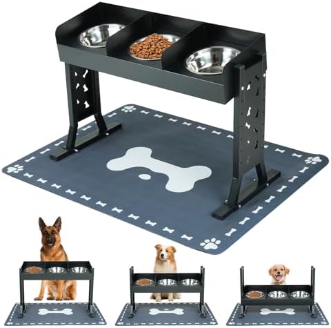 Elevated Dog Bowls for Large Breeds, Triple Dog Bowl Stand with 3 Stainless Steel Bowls, Adjustable Raised Dog Feeding Station, Slow Feeder Anti-Gulping Design, Heavy Duty