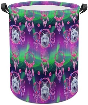 Large Foldable Laundry Basket Flower Dream Catcher Boho Wolf, Waterproof Hamper with Handles for Clothes, Toys, and Towel Organization at Home