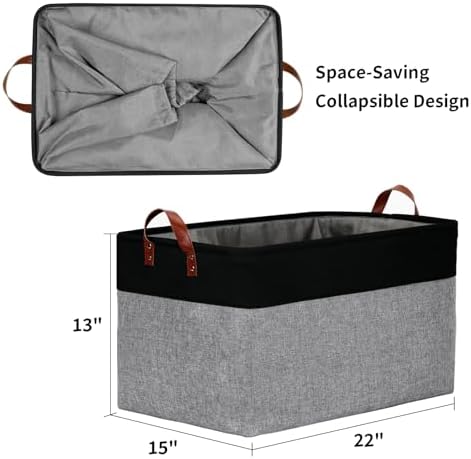 DULLEMELO Extra Large Canvas Fabric Storage Basket, 70L Foldable Closet Storage Bin with Handles, 22" Large Blanket Basket Living Room for Storage Toys, Pillows, Clothes, Books (Black&Grey)