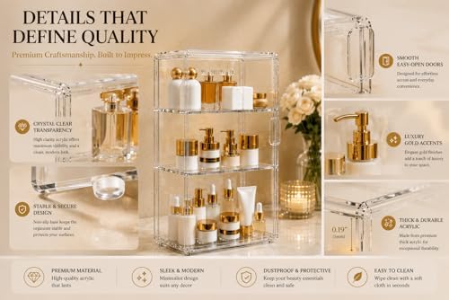 3-Tier Acrylic Storage Cabinet with Magnetic Doors, Clear Makeup Organizer for Bathroom Countertop, Skincare, Cosmetics, Perfume & Beauty Storage