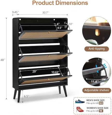 Rattan Shoe Cabinet with 3 Flip Drawers, Black Slim Shoe Storage | 24 Pairs Narrow Freestanding Shoe Cabinet for Entryway, Curved Corner, Solid Wood Legs, Boho Style, Open Back Ventilation