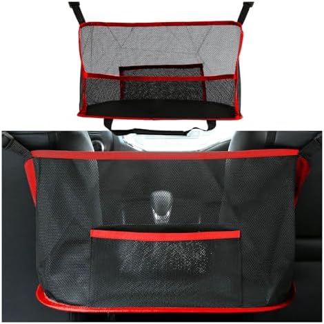 Car Net Pocket Handbag Holder, Organizer Mesh Bag Between Front Seats, Driver Storage Netting Pouch for Handbag Purse, Universal Car Accessories for Women and Men, Pet/Kids Car Barrier (Red)
