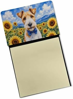 Caroline's Treasures Fox Terrier in Sunflowers Watercolor Sticky Note Holder Refillable Dispenser Desk Accessory 3x3 Pad Gift