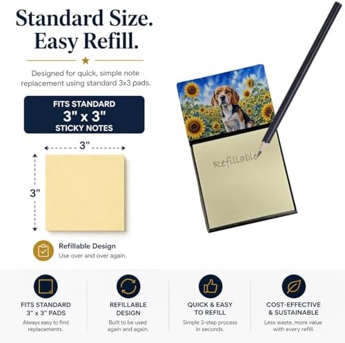 Caroline's Treasures Beagle in Sunflowers Watercolor Sticky Note Holder Refillable Dispenser Desk Accessory 3x3 Pad Gift
