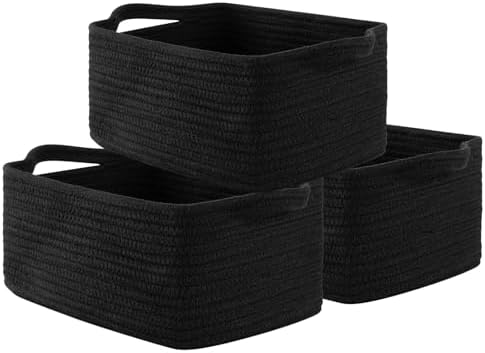 OIAHOMY 3 Pack Storage Baskets for Shelves Cotton Rope Storage Bins Black | Woven Baskets for Storage Nursery Storage Basket with Handles Baskets for Organizing Small Baskets Gift Baskets Empty
