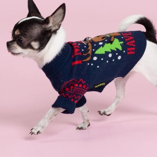 Fitwarm Funny Moose Dog Ugly Christmas Sweater, Winter Dog Clothes for Small Dogs Girl Boy, Pet Xmas Outfit, Navy, XL