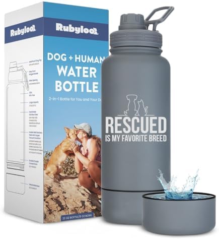 Rubyloo Dog Mom Essentials Bundle - Puffer Tote with Storage Containers (Black) and 32 oz Water Bottle with Detachable Bowl (Rescued is My Favorite Breed) - Travel Bag and Hydration Set
