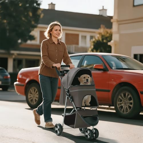 Foldable 3-Wheel Pet Stroller for Small/Medium Dogs & Cats, Coffee | Storage Basket & Cup Holder, Breathable Mesh Cover, Lightweight and Durable, for Small to Medium Pets, up to 33 lbs