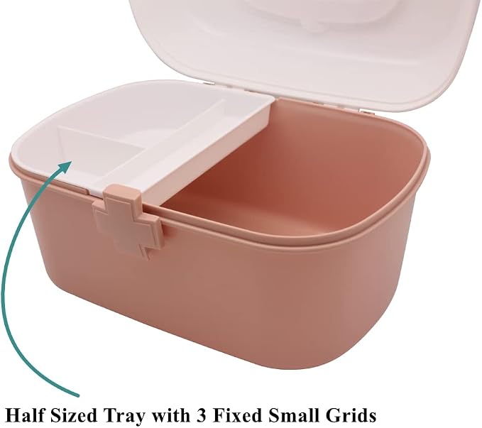 Plastic First Aid Storage Box Container Bin with Removable Tray and Portable Handle, Family Emergency Medicine Kit Case Organizer, White&Pink