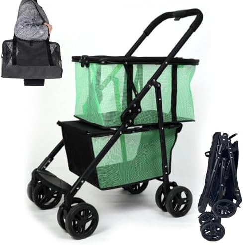 Folding Shopping Cart with Rolling Swivel Wheels Utility Trolley Cart, with Stylish Removable Tote Basket for Travel Shop Move Luggage Office (Green + Black Frame)