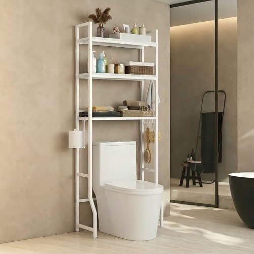 Over Toilet Bathroom Organizer with Toilet Paper Holder | White Over the Toilet Shelf, Over the Toilet Storage Cabinet, Heavy Duty Metal 3 Tier Bathroom Organizer Shelf with 3 Hooks