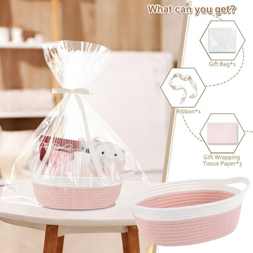 OIAHOMY Gift Basket Empty with Handle, 12"x 8"x 5" Small Woven Basket with Gift Bag, Ribbon and Wrap Tissue Paper, Dog Toy Storage for Organizing - Dusty Pink & White