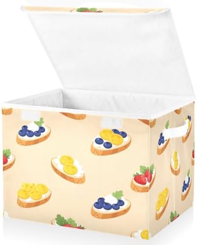 Storage Bins with Lids Fruit Topped Bread Pattern Foldable Storage Boxes with Handles Large Storage Basket Collapsible Organizer Containers for Closet Home Bedroom Office