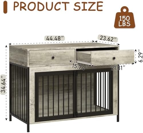 2 Pcs Large Dog Kennel Furniture with 2 Drawers, Wooden Dog Crate, Grey | 44 inch dog crate furniture with storage, decorate end table, dog cage for small medium large dogs