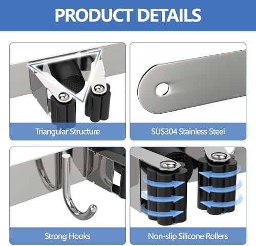 Broom Holder Wall Mounted With 5 Holders And 4 Hooks With Nails Installation Utility Room Storage Stainless Steel Broom Storage Organiser for Garage Kitchen Laundry Bathroom