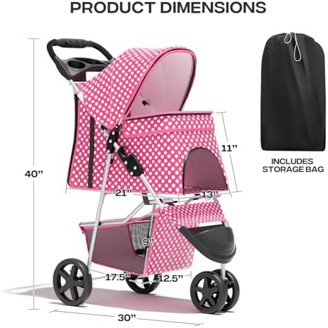Foldable 3-Wheel Pet Stroller for Dogs & Cats, Pink Polka Dots | Storage Basket & Cup Holder, Breathable Mesh Cover, Lightweight and Durable, for Small to Medium Pets, up to 33 lbs