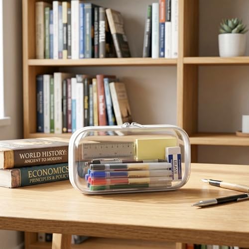 TenKa 6 Pack Clear Hard Shell Zipper Case, Clear Zipper Pouches for Travel, Diaper Bag Organizer, Water-Resistant Hard Plastic Pencil Case for Cosmetics, Electronics Storage (6S)