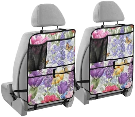 1 Pack Back Seat Car Organizer with Storage Pockets Kick Mats Back Seat Protector Hanging Car Organizer Automotive Seat Back Cover Organizers Tulips Lavenders Purple Butterfly