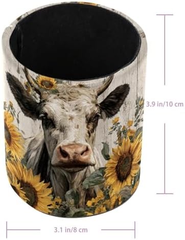 Faux Leather Pen Holder for Desk, Pencil Organizer Sunflower and Cow Pen Cup Desk Decor Makeup Brush Holder Storage for Office Home